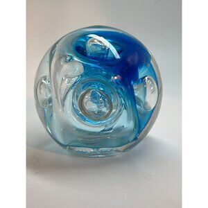 Rollin Karg Signed Hand Blown Cerulean Blue Controlled Bubble Glass Paperweight